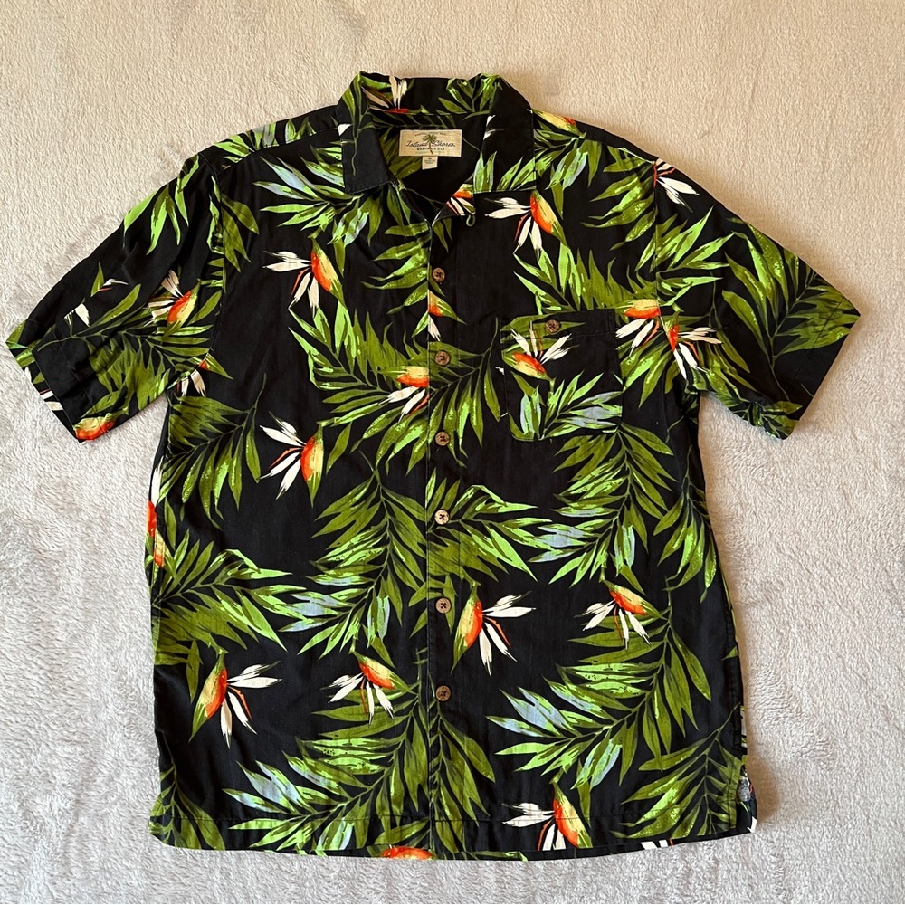 Men’s Island Shores Silk Black Tropical Leaf Print Short Sleeve Button Down M